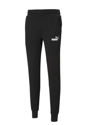 Pantalon de jogging noir en tissu doux, avec une taille élastique, un design slim-fit et un logo Puma blanc sur le côté gauche.