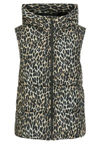 Gilet senza maniche imbottito con cappuccio, caratterizzato da un motivo di stampa leopardata nera e beige e una cerniera frontale. Tessuto testurizzato e leggero.