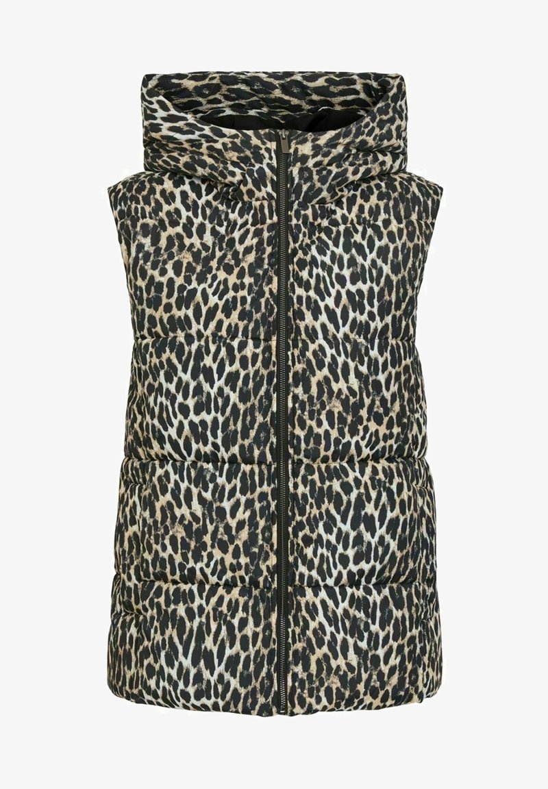 Gilet senza maniche imbottito con cappuccio, caratterizzato da un motivo di stampa leopardata nera e beige e una cerniera frontale. Tessuto testurizzato e leggero.