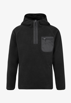 Schwarzer Fleece-Pullover mit Kapuze, ausgestattet mit einer farblich abgesetzten Brusttasche mit Reißverschluss, strukturierter Oberfläche und langen Ärmeln. Kragen und Tasche aus einem kontrastierenden Material.