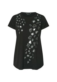Musta lyhythihainen t-paita, jossa on metallinhohtoinen harmaa ja hopea leopardikuosi sekä pieniä helmiä koristeluna etupuolella.