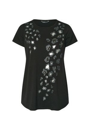 T-shirt nero a maniche corte con stampa leopardata in grigio metallico e argento e piccole decorazioni di perle sul davanti.