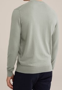 Ljusgrön stickad tröja, rundad hals, ribbade muddar och nederkant, slät textur, figurnära silhuett, minimalistisk design, plain bakvy.