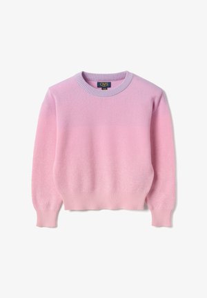 Pink and lavender knit sweater for kids with long sleeves and ribbed cuffs and hem, labeled OVS Kids.