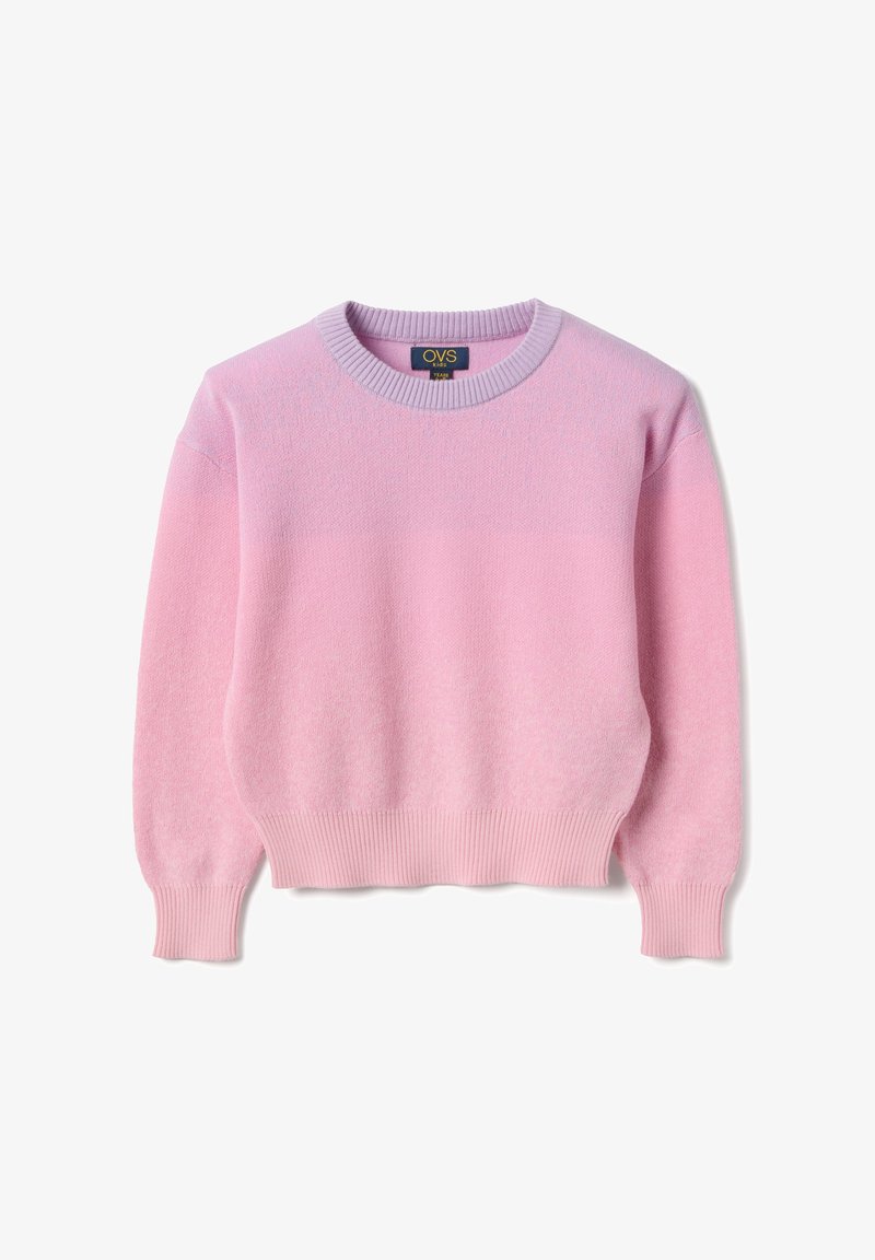Pull en maille rose et lavande pour enfants, manches longues avec poignets et ourlet côtelés, marqué OVS Kids.
