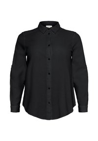Chemise noire à manches longues avec col pointu et poignets boutonnés, présentée sur un fond blanc.