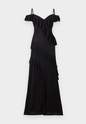 Robe maxi noire à épaules dénudées avec fines bretelles et détails de volants superposés descendant en diagonale sur le devant et les manches.
