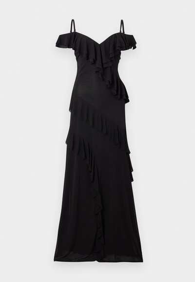 Μαύρο μάξι φόρεμα με ακάλυπτους ώμους, λεπτές τιράντες και στρώσεις βολάν που κατεβαίνουν διαγώνια μπροστά και στα μανίκια.