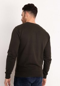 Dark green sweatshirt with long sleeves, ribbed cuffs and hem, featuring a round neckline and a plain texture, viewed from the back.