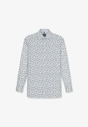 Weißes Langarmhemd mit floralem Muster in Blau, Braun und Grün. Hat einen Kragen und eine Knopfleiste. Glatte Stoffoberfläche.