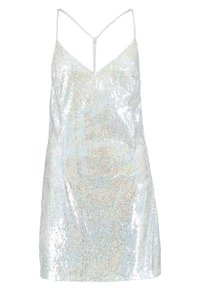 Paillettklänning med justerbara tunna band, med en V-halsdesign. Reflekterande silver- och iridiserande färger skapar en skimrande effekt.