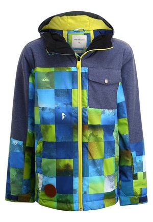 Niebieska, zielona i żółta kurtka w kratę z jednolitymi ciemnoniebieskimi rękawami, żółtym zamkiem błyskawicznym, kapturem i kieszenią na piersi z patką na guzik.