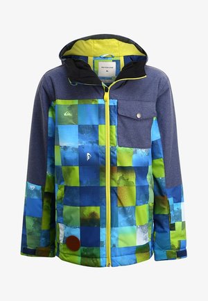 Niebieska, zielona i żółta kurtka w kratę z jednolitymi ciemnoniebieskimi rękawami, żółtym zamkiem błyskawicznym, kapturem i kieszenią na piersi z patką na guzik.