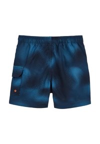 Tamsiai mėlynos maudymosi šortai su tekstūriniu taškiniu raštu, elastingu liemeniu ir šonine krovinių kišene su oranžiniu akcentu. Greitai džiūstantis audinys.