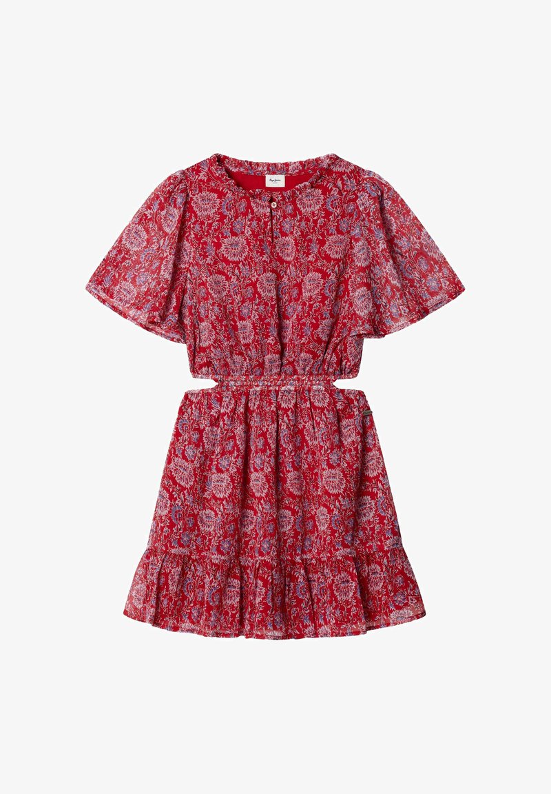 Červené kvetinové šaty s krátkymi nadýchanými rukávmi, zúženým pásom a volánovou sukňou s viacerými vrstvami. Majú zapínanie na gombíky a ľahký materiál.