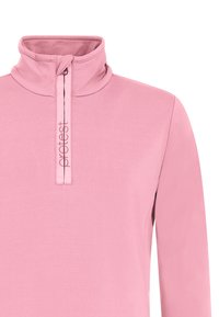 Svetloružový pulóver na zips s polovičným zipsom a stojacím golierom. Vyrobený z hladkej tkaniny, s vertikálnym logom na línii zipsu.