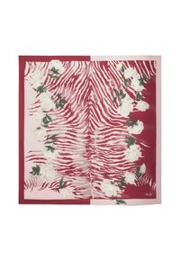 Foulard in seta con un motivo a strisce zebrate rosso e rosa, adornato con peonie bianche e foglie verdi lungo i bordi.