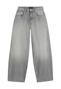 Jasnoszare szerokie spodnie jeansowe z denimu, z wysokim stanem, pięcioma kieszeniami oraz subtelnym blaknięciem wzdłuż nogawek.