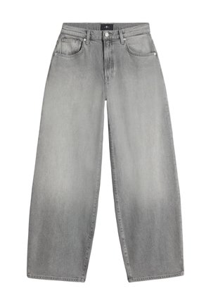 Lichtgrijze wijde jeans van denim, met een hoge taille, vijf zakken en subtiele vervaging langs de benen.