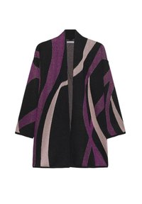 Gebreid vest in het zwart, met gedurfde, golvende patronen in paars en beige. Open voorkant met brede mouwen, gestructureerde stof.