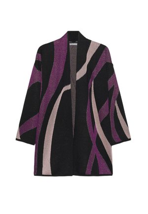 Gebreid vest in het zwart, met gedurfde, golvende patronen in paars en beige. Open voorkant met brede mouwen, gestructureerde stof.