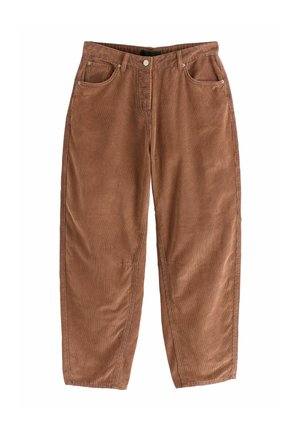Brown corduroy pants with a relaxed fit, five-pocket design, and subtle texture from vertical ribbing. Features a metal button closure.