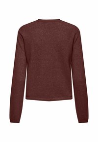 Pull en maille brun foncé à manches longues et col rond, vu de dos, avec un ourlet légèrement court et des poignets côtelés.