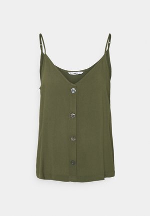 Haut olive vert à bretelles spaghetti avec un décolleté en V, comportant une rangée de six boutons ronds à l'avant et une coupe décontractée.