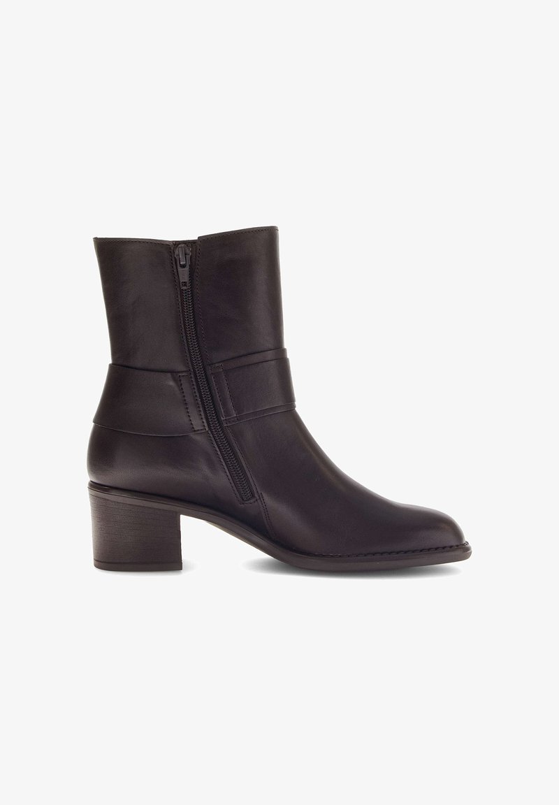 Black leather ankle boot with a side zipper, rounded toe, small block heel, and textured upper with a horizontal accent band.