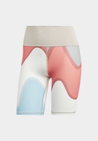 Szorty rowerowe z wysokim stanem w mieszanym kolorze: koralowym, niebieskim niebie i białym, o gładkiej fakturze i szwach płaskich.