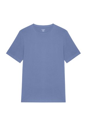 Hellblaues Baumwoll-T-Shirt mit kurzen Ärmeln und klassischem Rundhalsausschnitt. Glatte Textur, keine sichtbaren Muster oder Verzierungen.