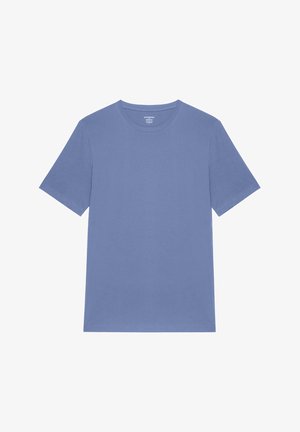 Hellblaues Baumwoll-T-Shirt mit kurzen Ärmeln und klassischem Rundhalsausschnitt. Glatte Textur, keine sichtbaren Muster oder Verzierungen.