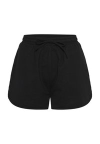 Černé kraťasy vyrobené z měkké látky, s elastickým pasem a šňůrkou na stažení, mají volný střih. Zaoblený lem přidává ležérní detail.
