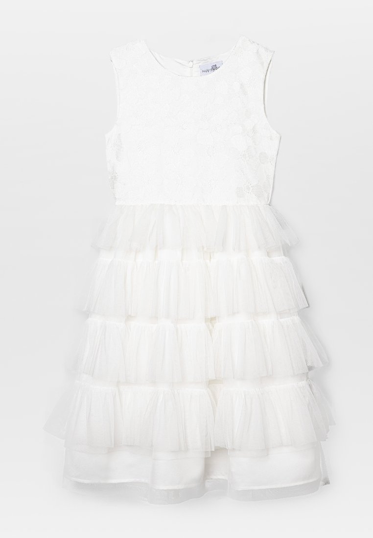 Robe sans manches blanche pour fille avec un corsage en dentelle florale et une jupe en tulle à volants superposés.