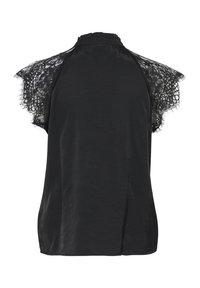 Black top with a lightly textured fabric, featuring lace cap sleeves and a gathered neckline. Back design is smooth with a relaxed fit.
