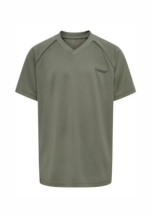 Kortærmet sports T-shirt i olivengrøn med V-hals og "hummel" logo på venstre bryst.