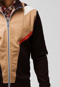 Ruskea vetoketjullinen takki, jossa on beige, punainen ja valkoinen väri lohkoina. Varustettu stand-up kauluksella ja ribbed hihansuilla. Sujuva kangas, urheilullinen muotoilu.