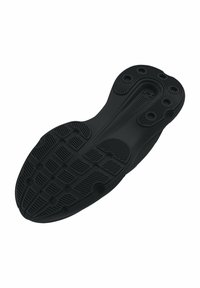 Black rubber shoe sole featuring a textured surface with circular and linear patterns for traction. Smooth edges with rounded shape.