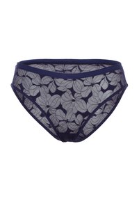 Bikini in pizzo floreale blu navy con un corpo trasparente, caratterizzato da una vita solida e da intricati motivi floreali su tutta la stoffa.