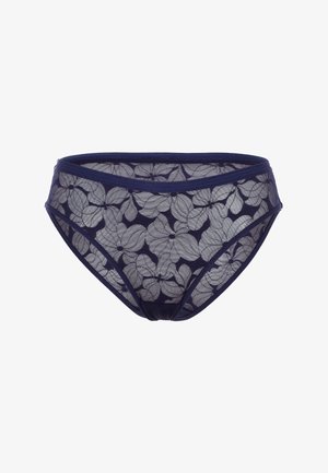 Bikini in pizzo floreale blu navy con un corpo trasparente, caratterizzato da una vita solida e da intricati motivi floreali su tutta la stoffa.