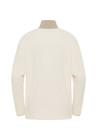 Pullover a maniche lunghe color crema con colletto a contrasto grigio chiaro. Tessuto morbido con vestibilità comoda e spalle scese.