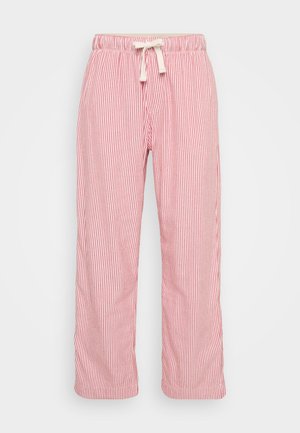 Rdeče in bele prugaste pižamne hlače z udobnim krojem, elastičnim pasom in vrvico. Lahka tkanina z navpičnim prugastim vzorcem.