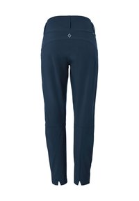 Navy blue, stretchy pants with a high waistband, tapered cut, and subtle back accents. Features zippered cuffs for adjustable fit.