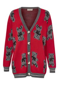 Cardigan rosso con motivi di orso grigi, lavorazione a maglia texturizzata, scollatura a V e cinque bottoni sulla parte anteriore, completo di polsini e orlo a strisce grigie.