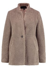 Karmelowy, teksturowany płaszcz teddy z wysokim kołnierzem, długimi rękawami, bocznymi kieszeniami, zapięciem na jeden guzik oraz metką Banana Republic wewnątrz kołnierza.