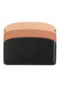 Leather cardholder featuring three stacked sections in light tan, medium tan, and black. Smooth texture with contrast stitching.