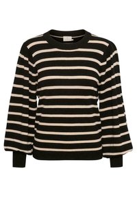Pull rayé noir et beige à manches longues et col rond, avec une texture côtelée et une coupe décontractée. Rehaussé par un tissu doux.