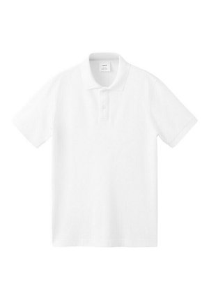 Polo bianca a maniche corte con colletto e patta con due bottoni, mostrata distesa su uno sfondo bianco.