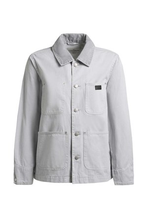 Veste légère gris clair à boutons-pression avec col en velours côtelé, trois poches plaquées à l'avant, présentée sur fond blanc.