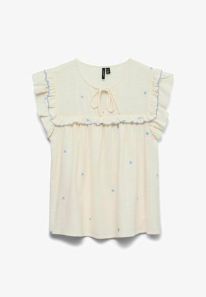 Cream short-sleeve top featuring blue heart patterns, ruffled sleeves, and a cinched neckline with a tie detail. Soft, lightweight fabric.